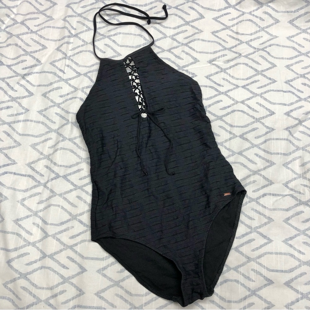 NEW Lascana 6 one piece swimsuit black high neck lace up scoop back halter